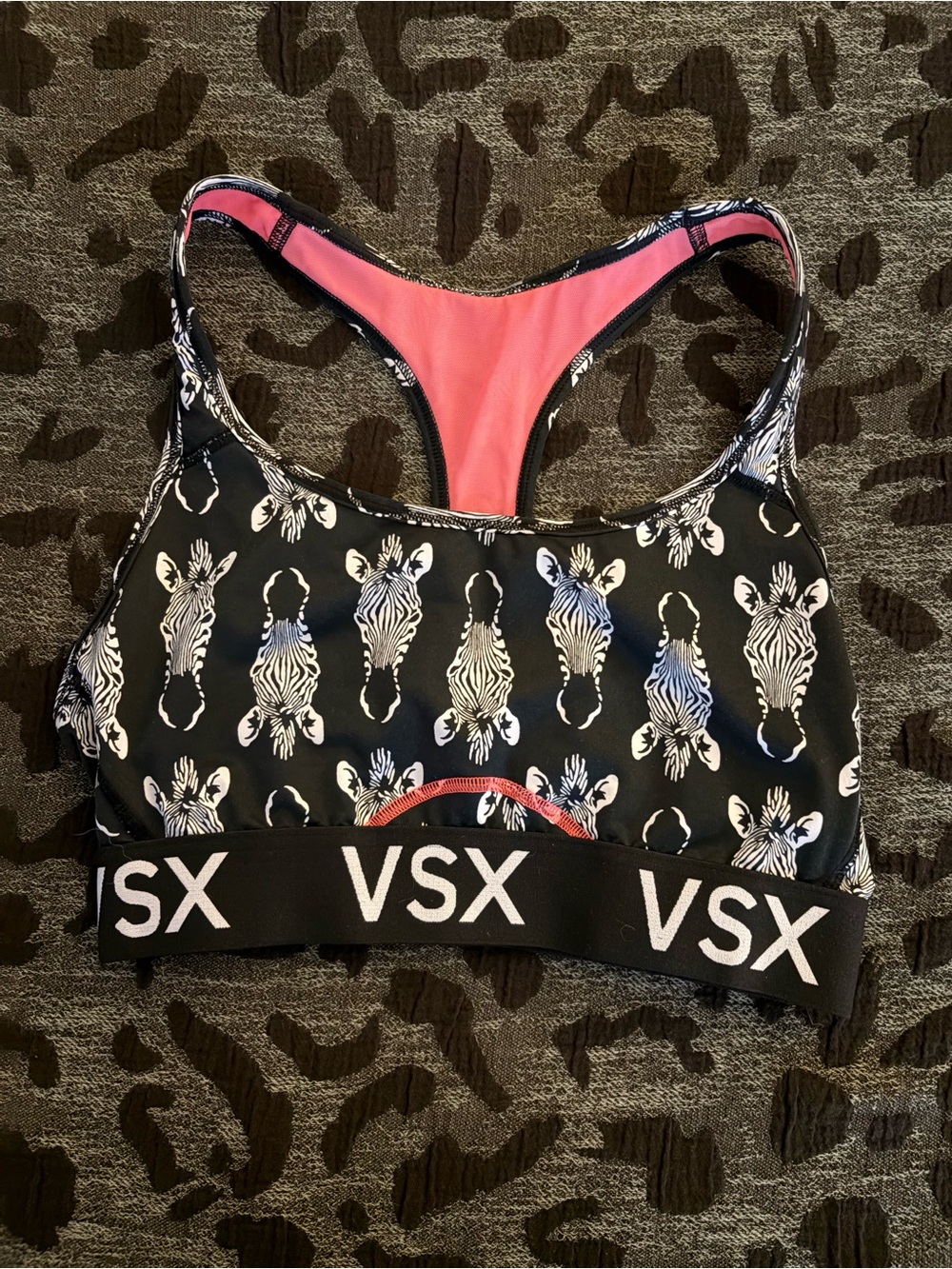 VSX Women's Black Zebra Print Racerback Sports Bra with Pink Lining